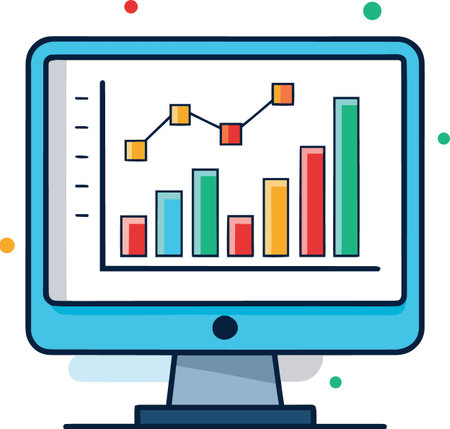 Computer monitor displaying colorful bar graph and line chart isolated on white backgroundのイラスト素材