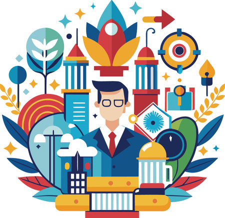 Businessman surrounded by colorful business icons and symbols isolated on white backgroundのイラスト素材