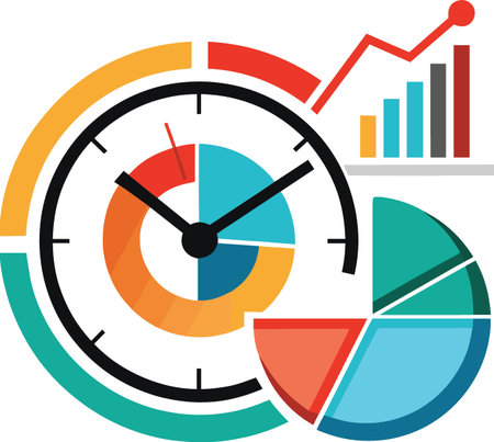 Colorful clock and charts on white background isolated on white backgroundのイラスト素材