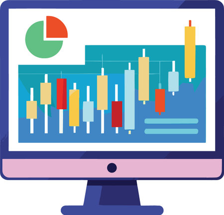 Computer monitor displaying colorful financial charts and graphs isolated on white backgroundのイラスト素材
