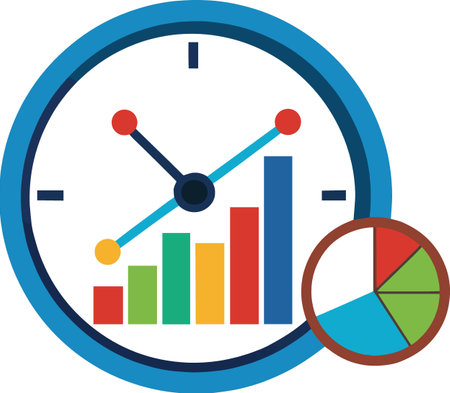 Clock face with colorful bar graph and pie chart isolated on white backgroundのイラスト素材