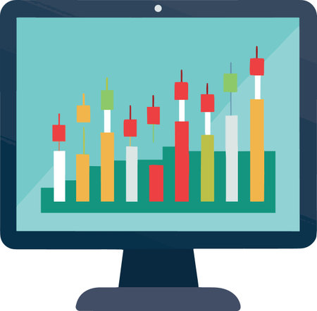 Computer monitor displaying colorful financial graph isolated on white backgroundのイラスト素材