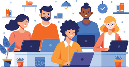 Diverse group of people working on laptops together in a modern office settingのイラスト素材