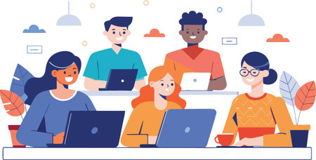 Diverse group of people working on laptops together in a meeting room settingのイラスト素材