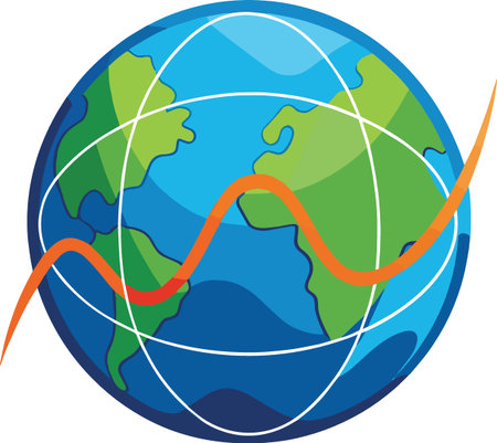 Vibrant illustration of earth with wavy orange line on white backgroundのイラスト素材