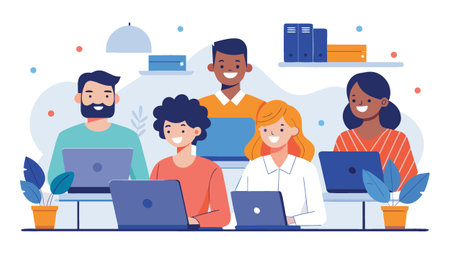 Diverse group of people working on laptops together in a modern office settingのイラスト素材