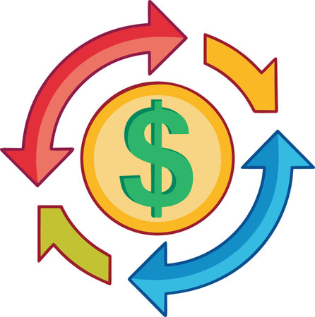 Dollar coin surrounded by arrows on white background isolated on white backgroundのイラスト素材