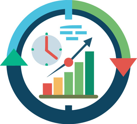 Circular graph with clock and rising bar chart isolated on white backgroundのイラスト素材