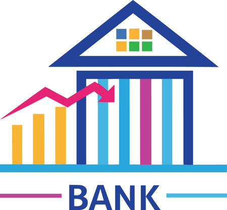 Colorful bank building icon with graph and arrow on white backgroundのイラスト素材