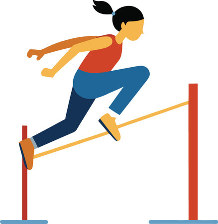 Woman hurdling in red tank top and blue pants isolated on white backgroundのイラスト素材