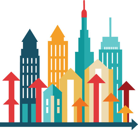 Colorful cityscape illustration with upward trending arrows representing growth and progressのイラスト素材