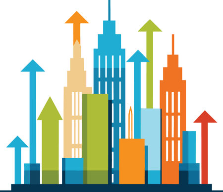 Colorful skyscrapers and upward trending arrows representing growth and progressのイラスト素材