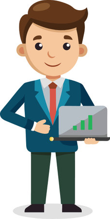 A cartoon businessman presenting a laptop with a growth chart displayed on the screenのイラスト素材