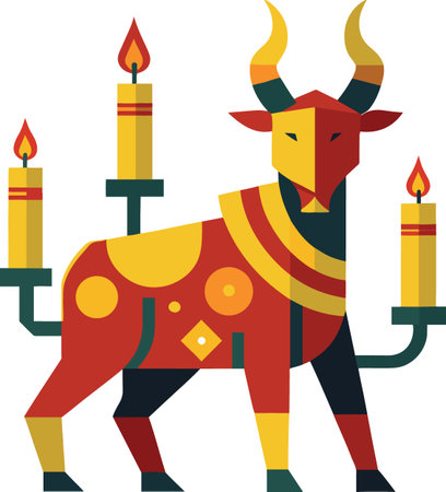 A vibrant illustration of a red bull adorned with candles and geometric patternsのイラスト素材