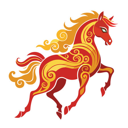 a vibrant illustration depicts a stylized horse with swirling red and yellow patterns showcasing a dynamic and ornamental designのイラスト素材