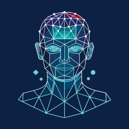 a stylized blue and red polygonal head illustration depicting a human face and geometric network...