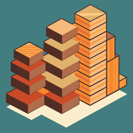 an isometric illustration showcases a collection of stacked wooden blocks forming various abstract tower like structures in warm brown and orange huesのイラスト素材