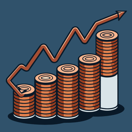 a graphic illustration depicting a rising trend with stacked coins representing growth finance and increasing monetary value over timeのイラスト素材
