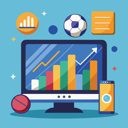 a colorful illustration depicting a computer screen displaying data charts alongside sports icons and a mobile phone for digital analysisのイラスト素材