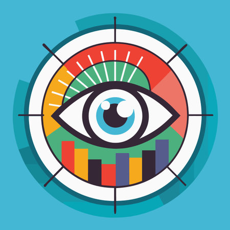 a vibrant circular graphic featuring an eye icon with colorful segmented rings and bar graphs creating a modern visual designのイラスト素材