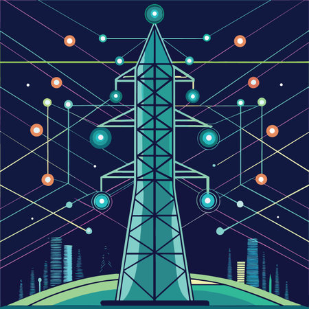 a stylized illustration depicting a power transmission tower against a dark blue and green...