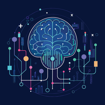 a vibrant illustration depicting a stylized human brain connected to a complex network of digital...