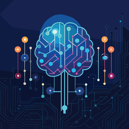 a vibrant illustration depicting an abstract brain composed of interconnected circuits and glowing...