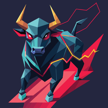 a stylized blue bull illustration with sharp horns and an upward trending red line representing a bullish market trendのイラスト素材