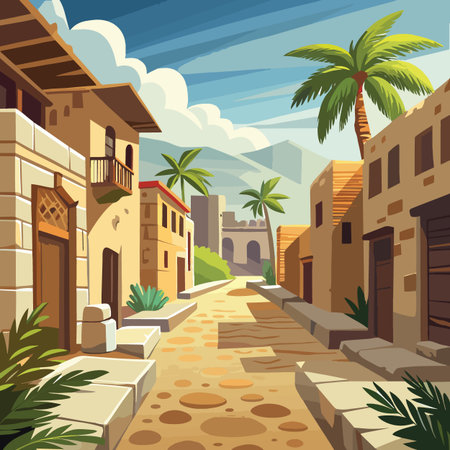 a picturesque illustration depicting a narrow street in a middle eastern town featuring traditional architecture and lush palm treesのイラスト素材