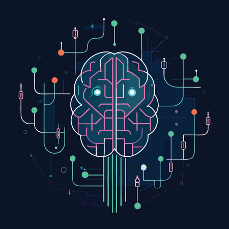 a stylized illustration depicts a human brain outlined in pink and connected with various colorful...