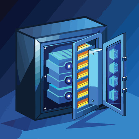 an open blue safe with multiple shelves full of documents and secure data storage inside a digital...