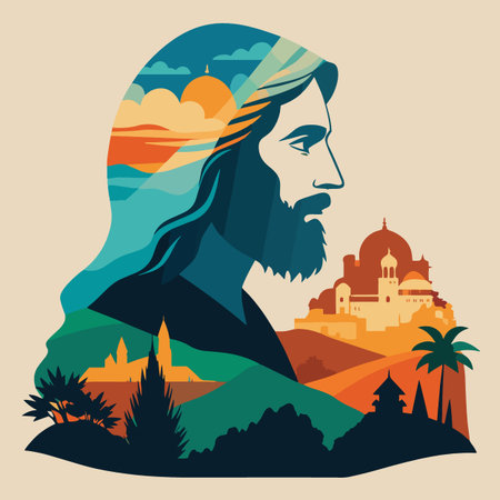 a stylized illustration depicting jesus christ s profile with a vibrant landscape silhouette containing buildings and palm trees withinのイラスト素材