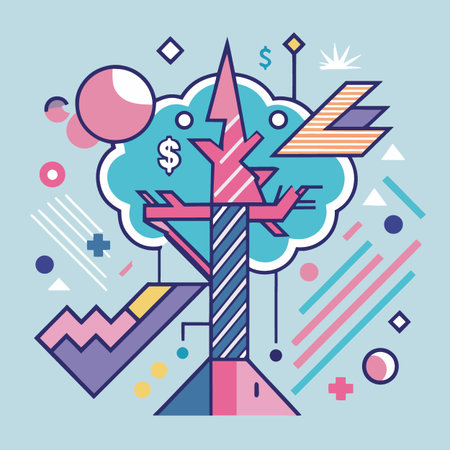 a vibrant abstract illustration featuring geometric shapes a stylized tree and playful dollar signs set against a light blue backgroundのイラスト素材