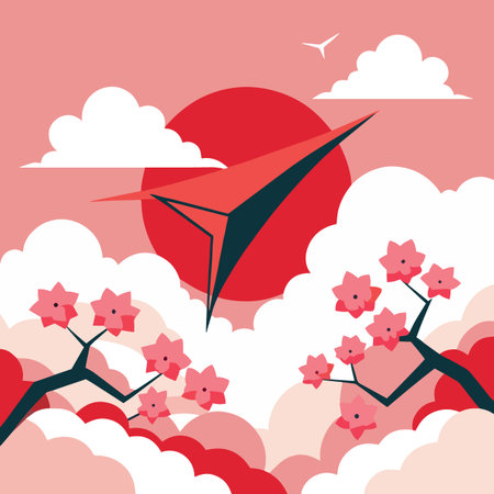 a serene illustration depicting a paper airplane soaring above a stylized japanese landscape with cherry blossoms and a bright red sunのイラスト素材