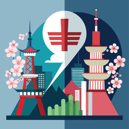 a vibrant illustration depicting iconic japanese landmarks like eiffel tower and tokyo tower symbolizing cultural fusion and travelのイラスト素材
