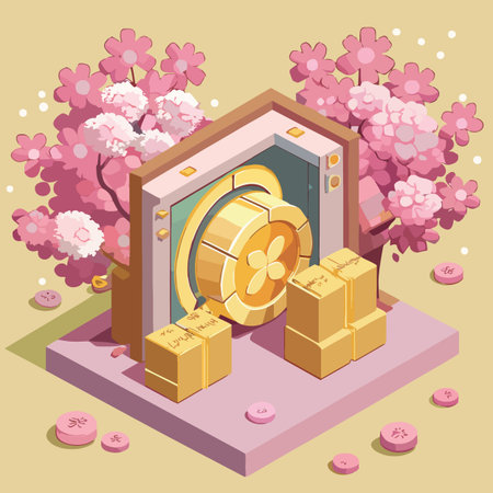 a stylized isometric illustration showcases a wooden treasure chest surrounded by blooming cherry blossoms and scattered pink petalsのイラスト素材