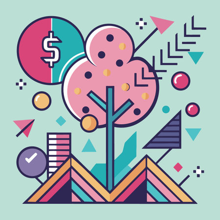 a vibrant graphic illustration depicting a stylized tree with dollar signs geometric shapes and arrows symbolizing growth and financial prosperityのイラスト素材
