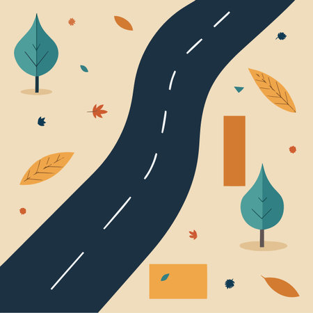 a stylized illustration depicts a curving road surrounded by autumnal leaves and simplified trees in a warm earthy color paletteのイラスト素材