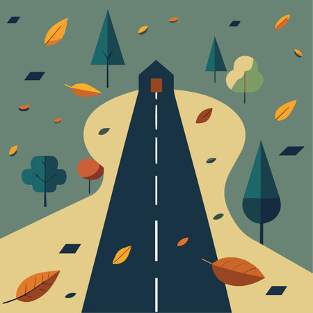 a stylized illustration depicts a winding road leading towards a house surrounded by trees and falling autumn leaves in a tranquil sceneのイラスト素材