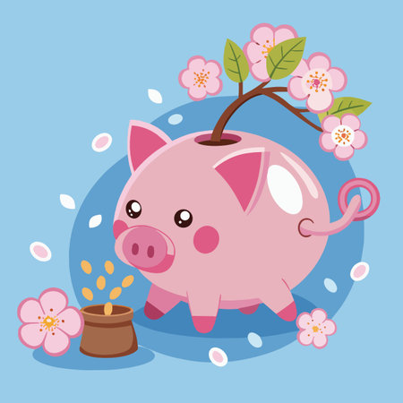 a cute pink piggy bank with blossoming cherry branches and falling petals symbolizing savings and springtime financial growthのイラスト素材