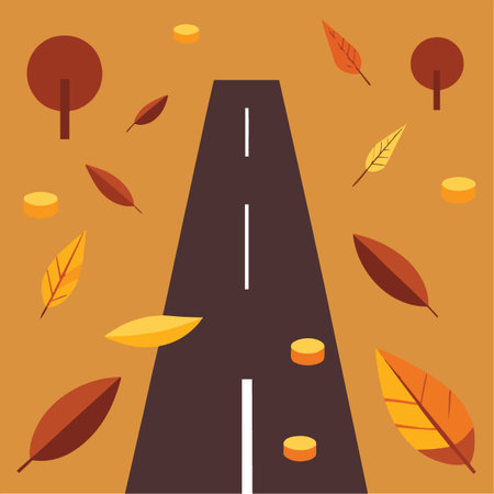 a stylized illustration depicting a long road receding into the distance surrounded by autumn leaves and small circular shapesのイラスト素材