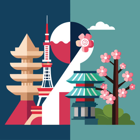 a vibrant illustration showcasing iconic japanese landmarks and floral elements divided into a distinct color blocked designのイラスト素材