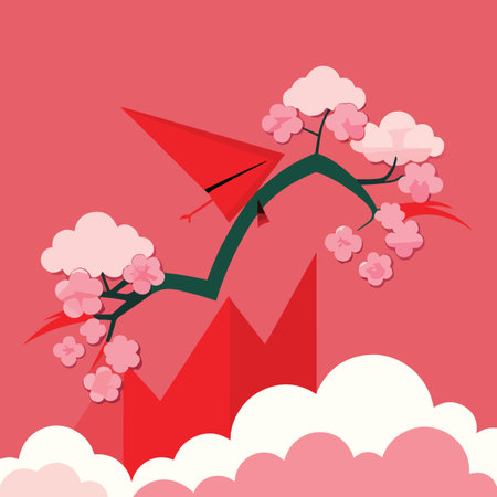 a stylized illustration depicting a red paper airplane soaring gracefully past a blossoming cherry tree branch with delicate pink flowersのイラスト素材