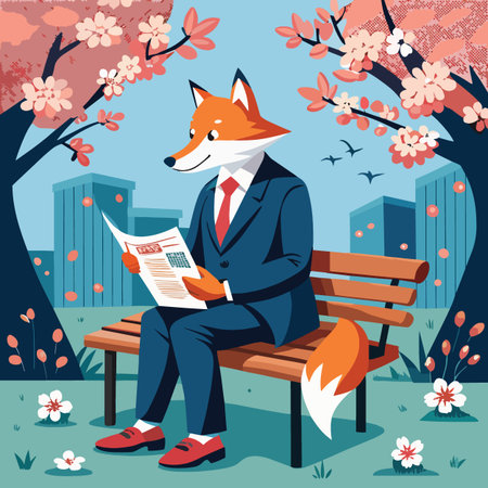 a sophisticated fox in a business suit sits on a park bench reading a newspaper with cherry blossoms surrounding the sceneのイラスト素材