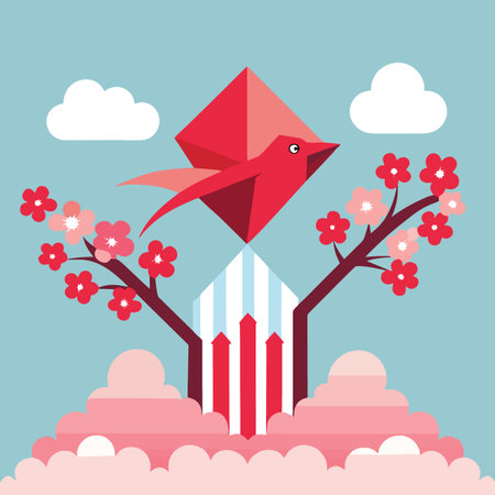 a vibrant illustration showcasing a stylized red bird perched atop a geometric tree with pink cherry blossoms and fluffy cloudsのイラスト素材