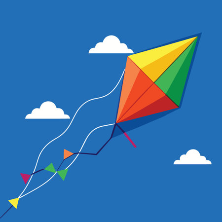 a vibrant kite with multiple colorful sections soars high against a bright blue sky dotted with fluffy white cloudsのイラスト素材