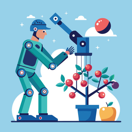 a futuristic robotic worker harvests ripe red berries and an apple from a vibrant plant in a stylized illustrationのイラスト素材