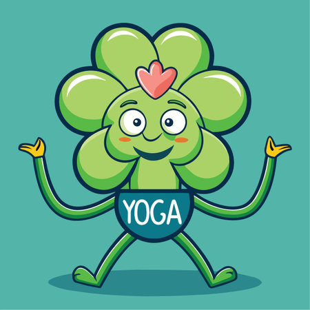 a cheerful green flower character dressed in a yoga tank top happily welcoming with raised arms in a playful cartoon styleのイラスト素材