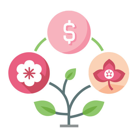 a circular graphic depicts financial growth with dollar signs transforming into blooming flowers and vibrant green foliageのイラスト素材