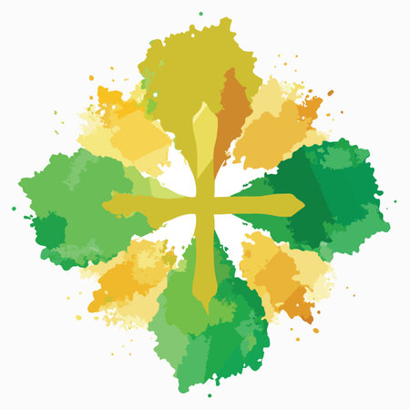a vibrant abstract design featuring splashes of green yellow and orange hues radiating outwards from a central cross shapeのイラスト素材